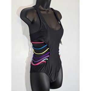 Dolfin Black One Piece Swimsuit Size 16 Geometric Side Panels NWT Racerback